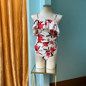 NWOT Albion XL white floral ruffle off the shoulder 1 piece swimsuit.